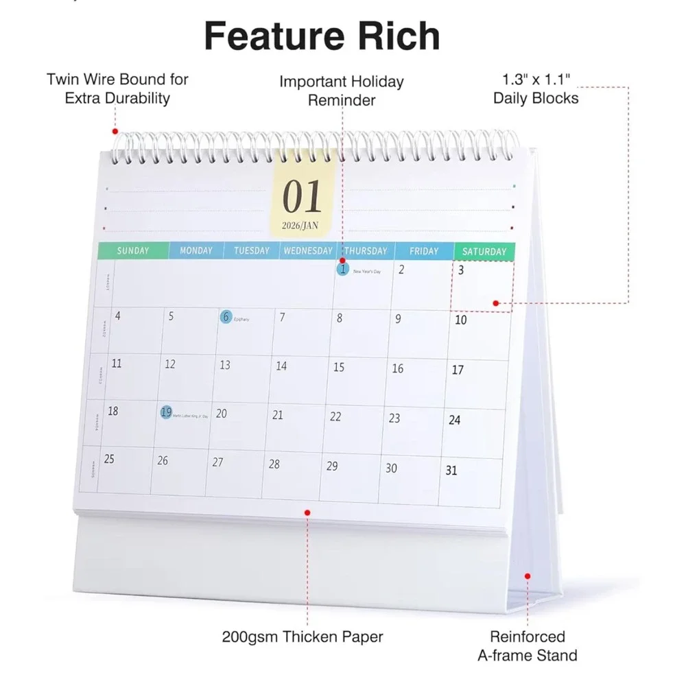2026-2027 Desk Calendar 24 Month Standing Flip Planner White Sage Green 9.8x9.6